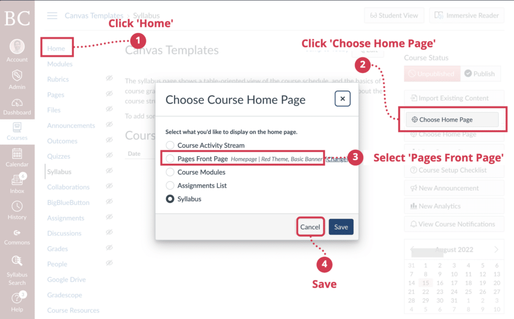Screenshot of how to choose a course homepage (steps listed in text below image)