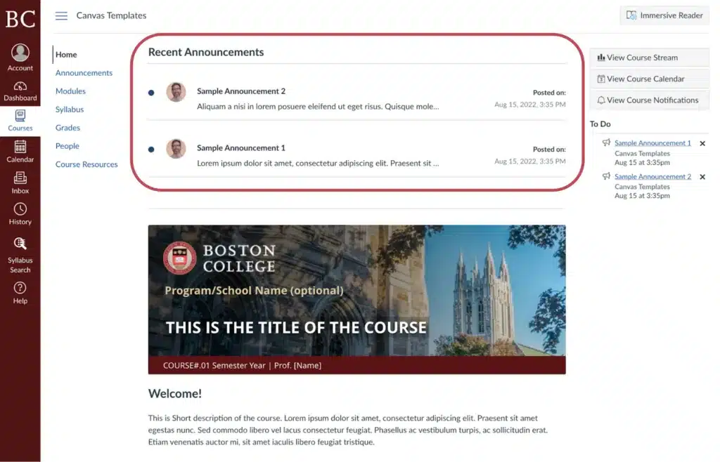 Screenshot highlighting announcements on Canvas homepage