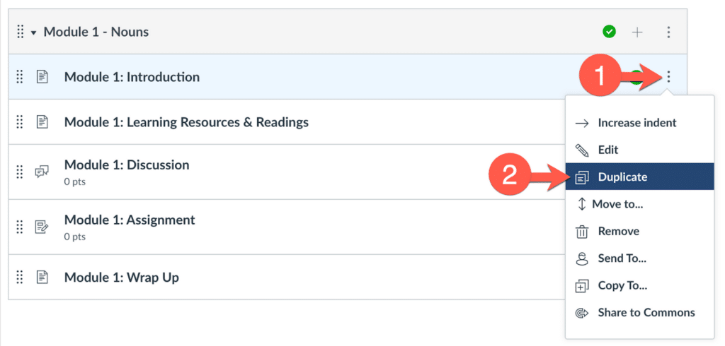 Screenshot showing where to find the duplicate option in modules