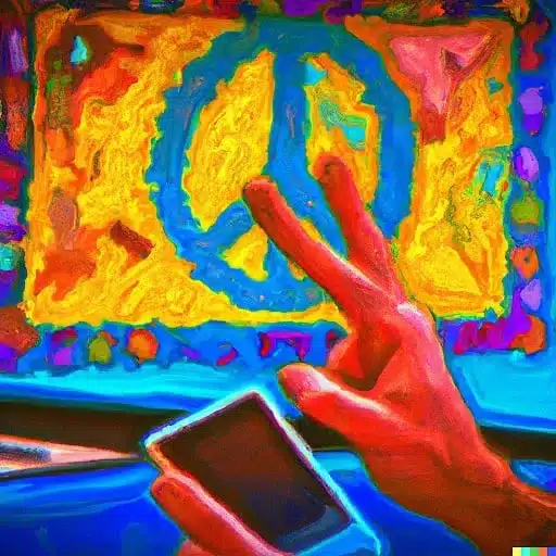 a synth painting of someone looking at a peace sign on a phone.