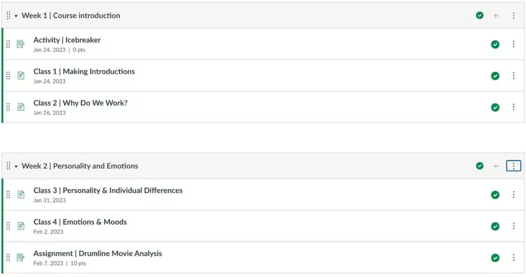  A screenshot of the Canvas module page with the headings Week 1 | Course Introduction and Wee 2 | Personality and Emotions with three items under each