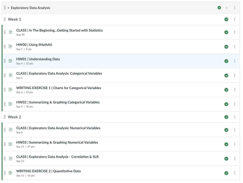  Screenshot of module list with a 6-7 items listed under the headings Week 1 and Week 2