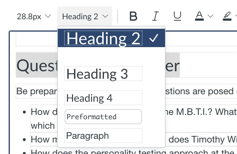 Screenshot of Canvas text format dropdown in rich text editor with Heading 2 selected