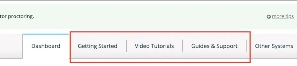 Screenshot highlighting tabs for "Getting Started," "Video Tutorials," and "Guides & Support"