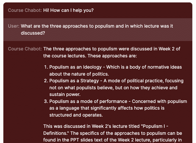 A screenshot of a chatbot response to the question "What are the three approaches to populism and in which lecture was it discussed?" and a response with the answers from Week two of the course lectures