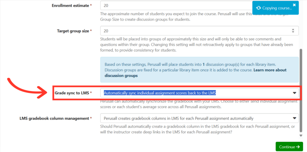 Click 'Automatically sync individual assignment scores back to the LMS'