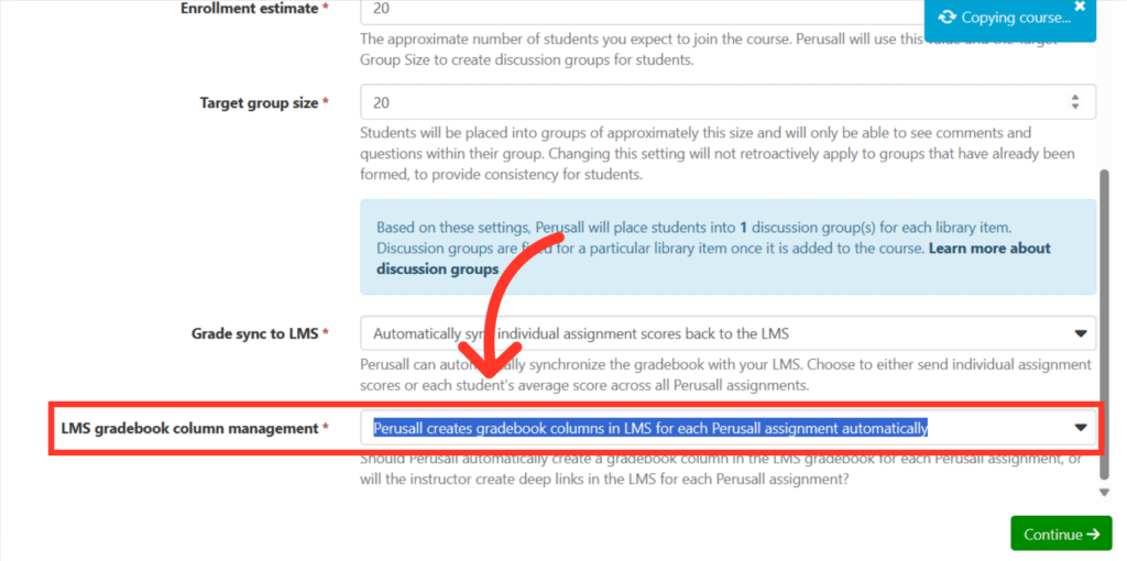 Click 'Perusall creates gradebook columns in LMS for each Perusall assignment automatically'