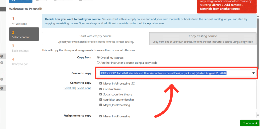 From the drop down menu, select the course whose content you want to import for Perusall assignments.