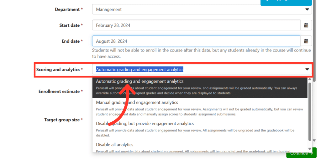 Click 'Automatic grading and engagement analytics'