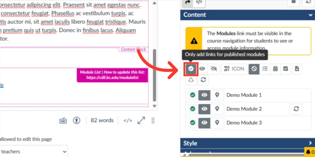 Screenshot of DesignPlus sidebar with the "Only add links for published modules" button highlighted 