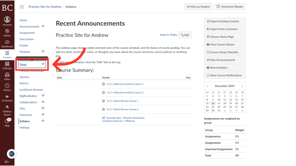Click 'Pages' on the course navigation bar