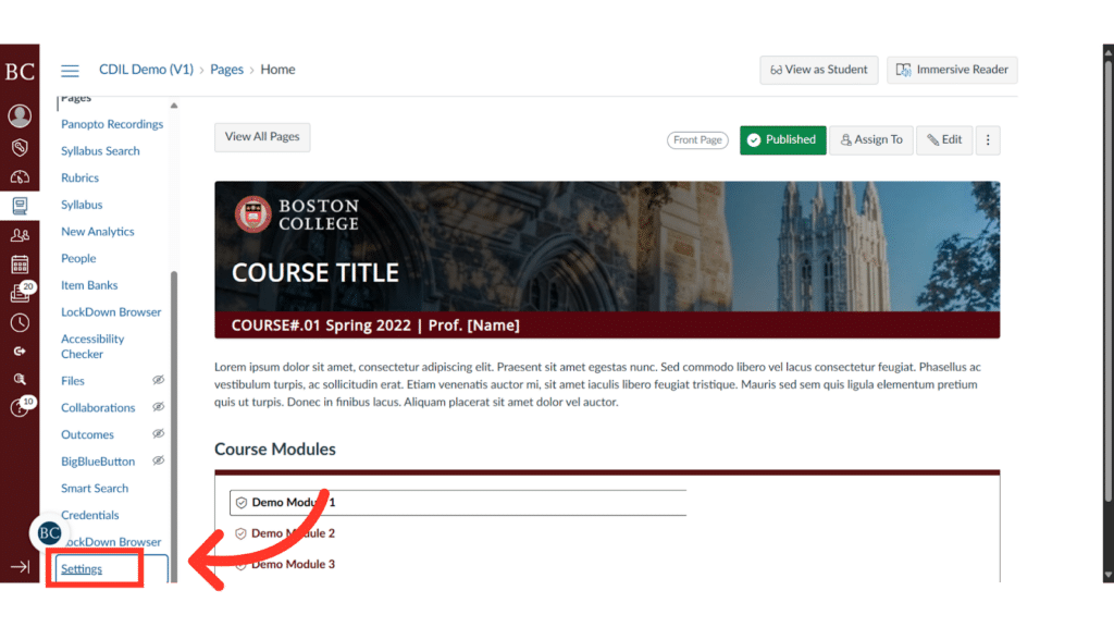 Screenshot of a Boston College course page, showing a navigation menu, course modules, and placeholder text. An arrow highlights the "Settings" option.