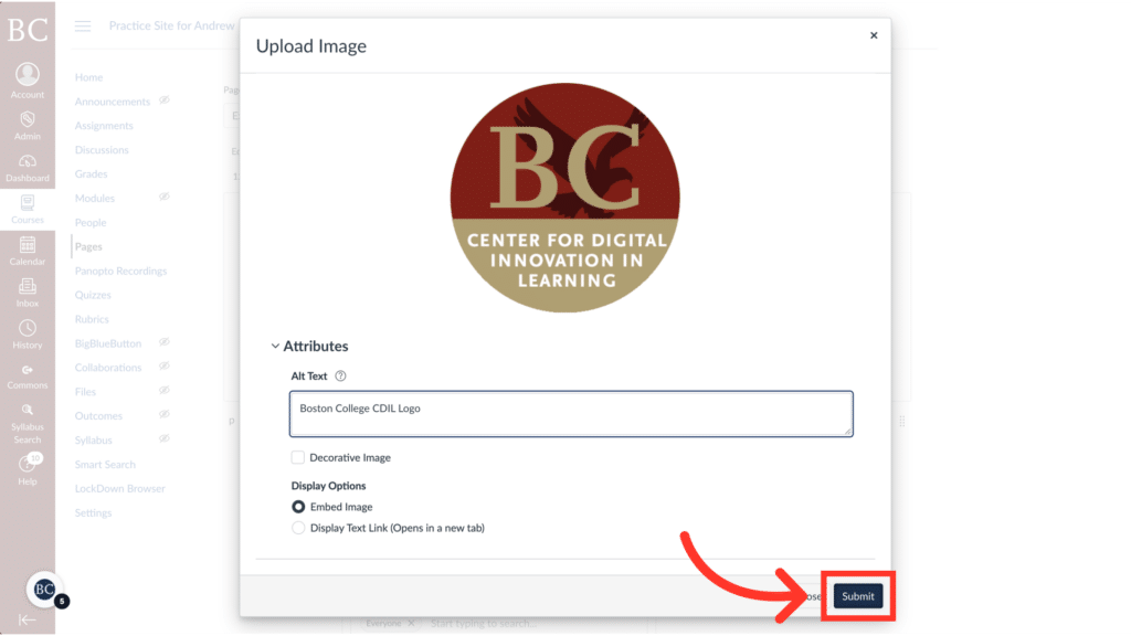 A digital interface displaying "Boston College Center for Digital Innovation in Learning" logo, with options for image attributes and a highlighted "Submit" button.