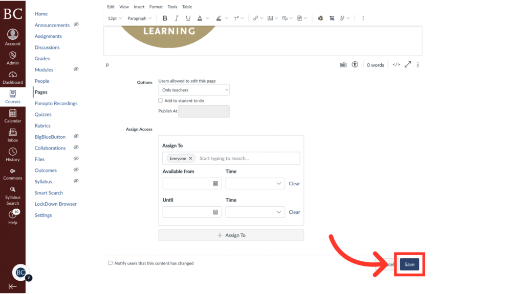 Screenshot of a webpage showing a form with options to assign tasks, input start and end times, and a "Save" button highlighted.