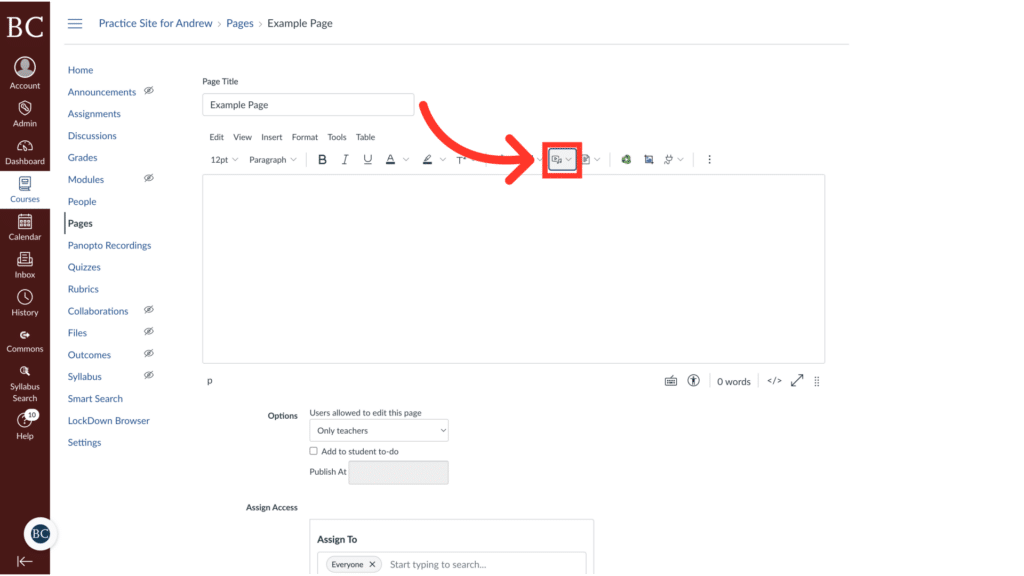 Screenshot of an online page-editing interface showing an arrow pointing to a green "save button" icon on the toolbar.