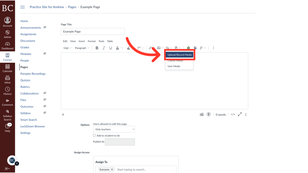 Screenshot of a webpage editor with a menu sidebar, text fields, and an arrow pointing to the "Upload/Record Media" button.