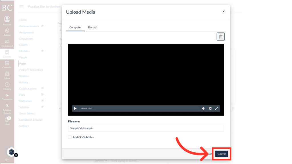 Web interface showing an upload media window with options to add files. A red arrow points to a "Submit" button.