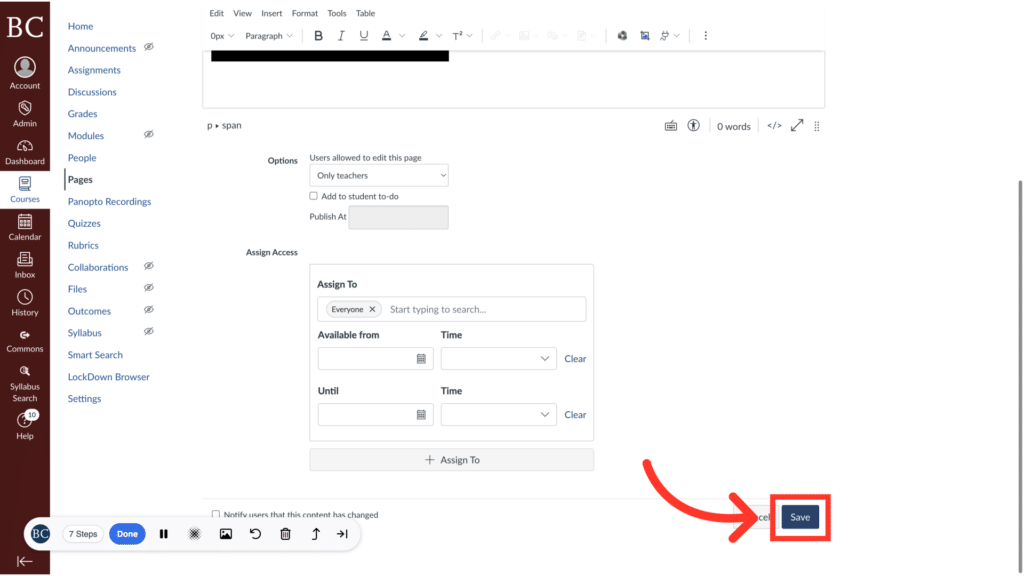 Screenshot of an online platform's assignment settings page, featuring options for publishing and scheduling, with a red arrow pointing to the "Save" button.