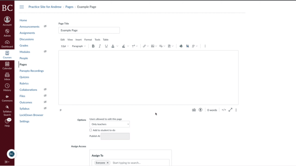 Screenshot of an online educational platform page editor, displaying text formatting tools and page settings on the side menu.