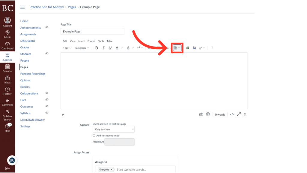 Screenshot of a webpage editor on a learning management system. Red arrow points to an icon on the toolbar, highlighting an action.