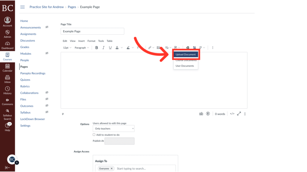 Website interface screenshot showing page editing options, toolbar, and "Upload Document" button highlighted. Sidebar includes links like Announcements and Assignments.