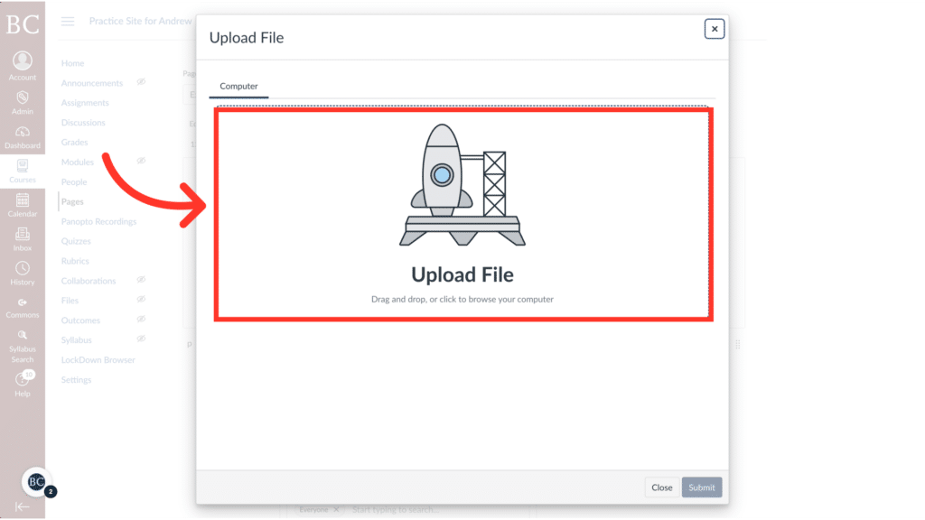 The image shows a digital interface for uploading files, featuring a rocket icon and a red arrow pointing to the upload area.