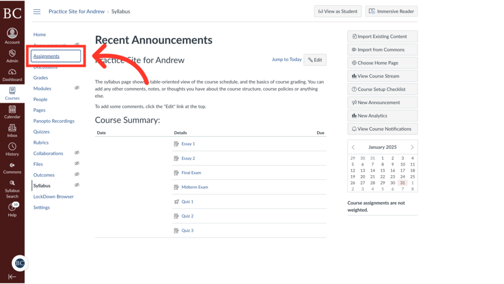 Screenshot of an online learning platform showing a sidebar with navigation options. "Assignments" is highlighted. A course summary lists upcoming tasks and exams.