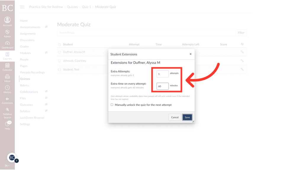 A computer screen displaying a quiz management interface. An extension settings pop-up allows adjustments for extra attempts and time for a student.