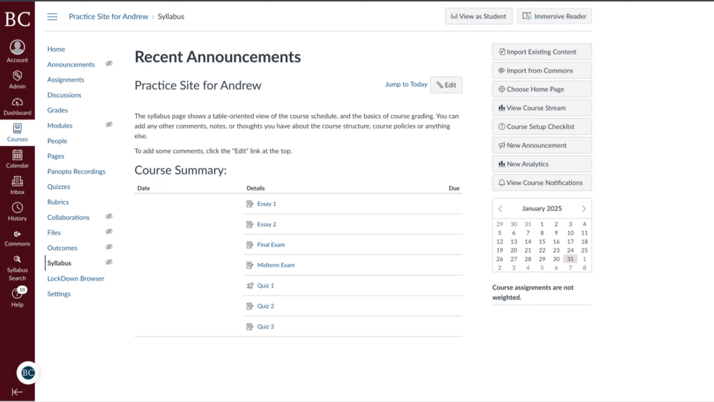 A digital course interface displaying recent announcements, syllabus, calendar, and course summary. Features options for modules, collaborations, and quizzes. No landmarks present.