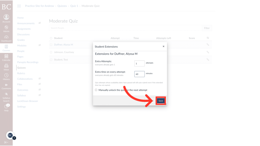 Screenshot of an online quiz moderation tool shows student extensions settings, with fields for attempts and time, highlighted by a red arrow.