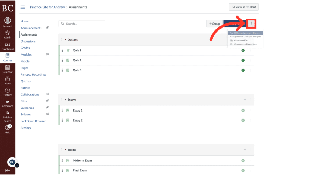 Screenshot shows an online educational platform interface for managing assignments and quizzes. Includes various options like discussions, grades, and quizzes.