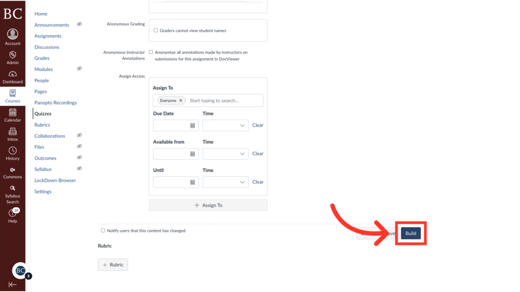 A digital interface showing assignment settings on an educational platform, with a red arrow pointing to a "Build" button for further actions.