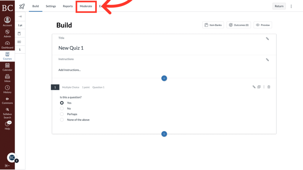 Screenshot of an online quiz-building interface with options for multiple-choice questions. The "Moderate" section is highlighted in red.
