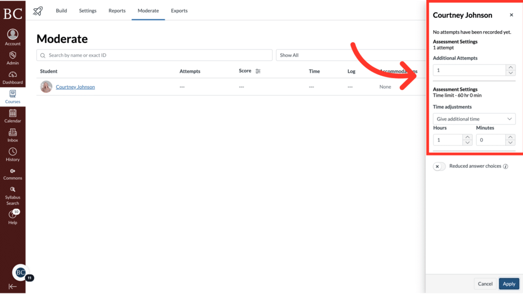 User interface of an online platform showing assessment settings. Includes options for attempts, time limits, and adjustments. No landmarks or historical buildings.