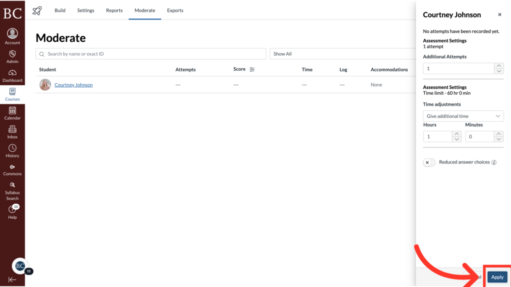 Screenshot of an educational platform interface showing student assessment settings. Options for time adjustments and accommodations are visible, with an "Apply" button.