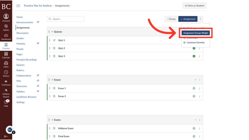 The image shows an online course assignment portal with quizzes and essays. An arrow points to "Assignment Group Weight" in the interface.