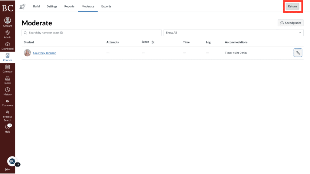 Screenshot of a webpage showing a moderation dashboard with options for searching and viewing student information. "Return" button highlighted in red.