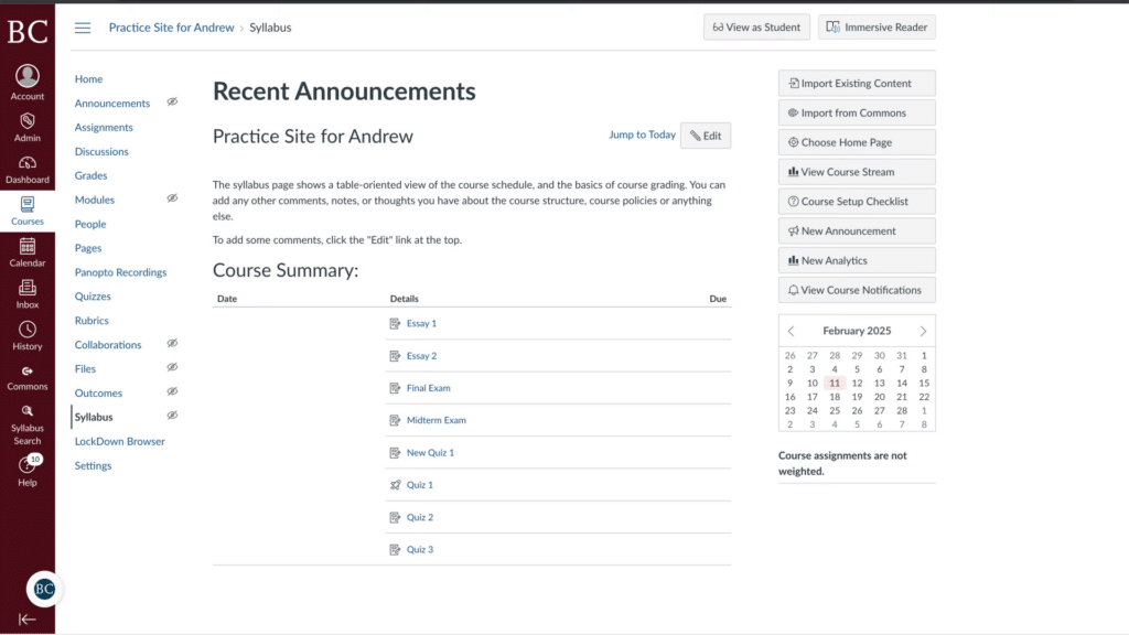 The image displays an online educational platform interface showing recent announcements, course summary, and a sidebar with various navigation options.