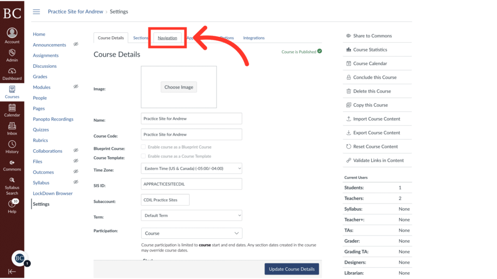 Screenshot of an online course settings page showing course details, with an arrow indicating the "Navigation" tab. Options for customization are visible.