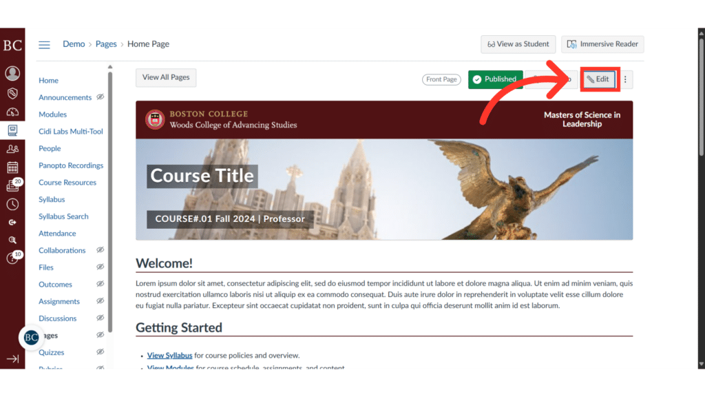 Screenshot of an online course platform featuring Boston College. Includes navigation options, course title, and an image of the eagle statue and Gasson Hall.