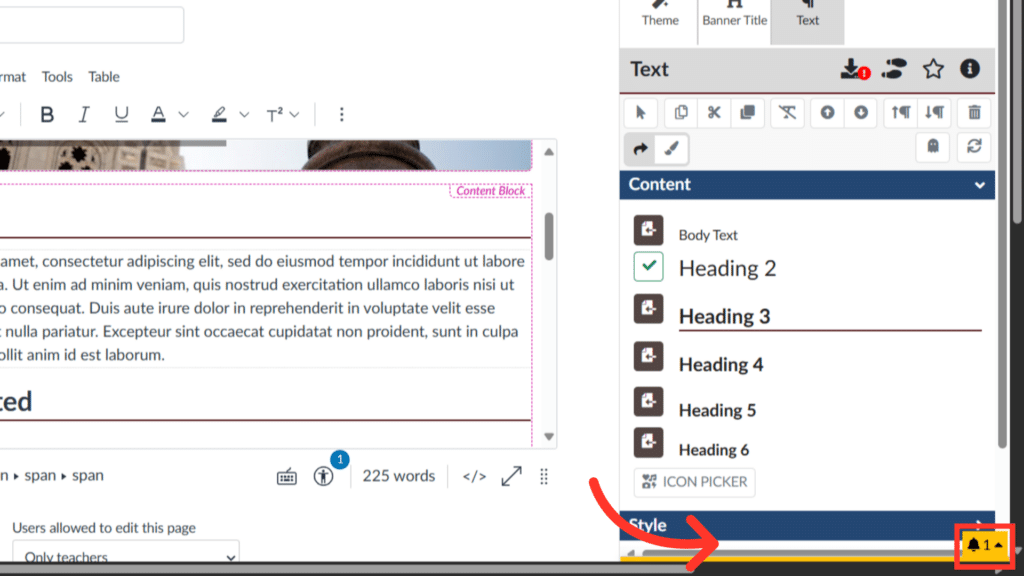 Screenshot of a content editor interface showing text formatting and styling options, with an arrow pointing to a style icon in the toolbar.