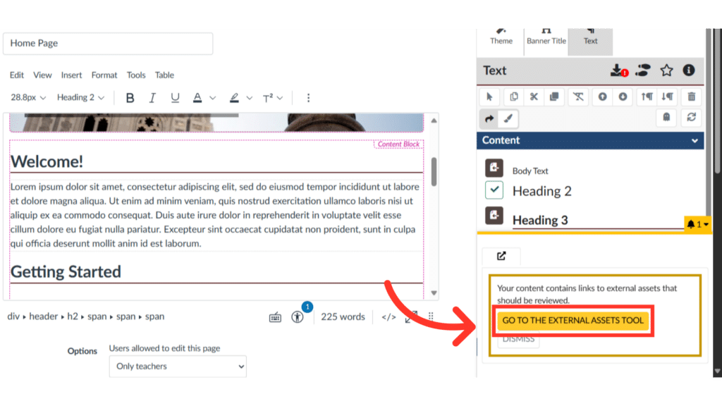 A website editing interface showing text block, headings, content placeholder, and an alert suggesting to use the external assets tool.