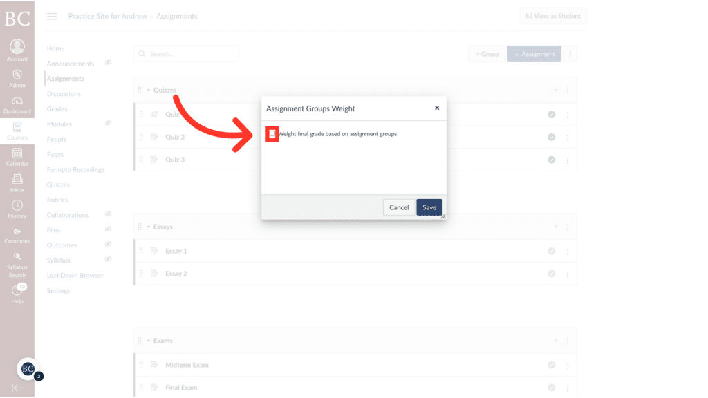 Screenshot of an online education platform showing assignment group weight settings with a red arrow highlighting a checkbox for adjusting final grades.