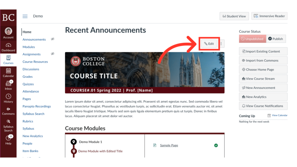 A screenshot of a Boston College course webpage displaying recent announcements and course modules with options to edit and manage content.