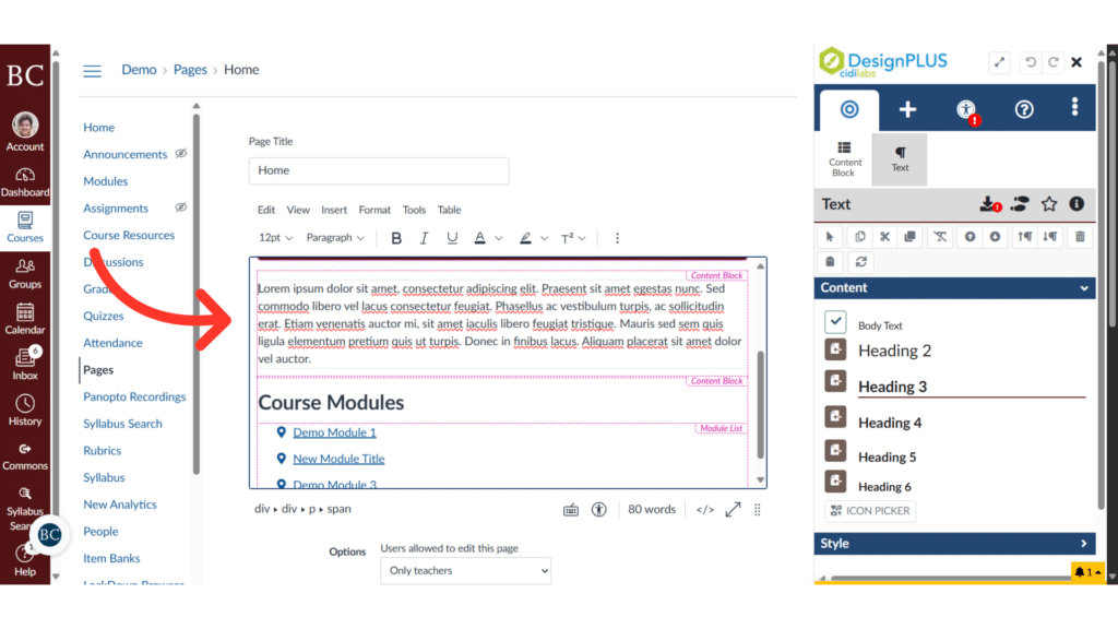 Screenshot of an online course management system interface showing editing tools, course navigation, and text input fields. Red arrow highlights content area.