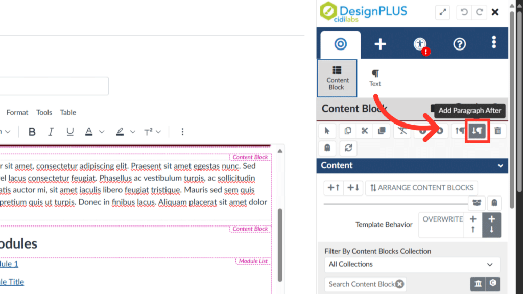 A computer screen shows a web design interface with editing tools, text blocks, and navigation options. An arrow points to an icon.