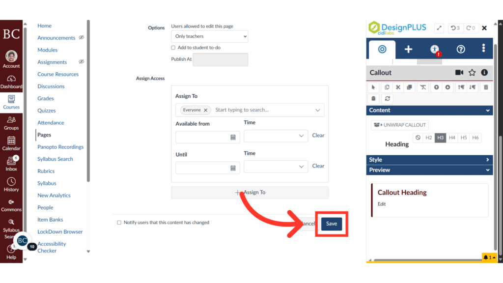 A screenshot of an online course management system showing assignment settings with a red arrow pointing to the "Save" button.