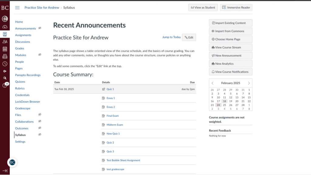 Screenshot of an online course management portal showing recent announcements, course summary with quizzes and exams, and a February 2015 calendar.