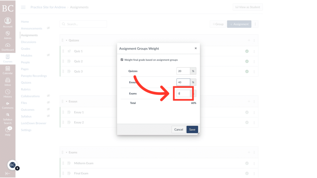 Screenshot of an online education platform showing assignment group weight settings with a red arrow highlighting a checkbox for adjusting final grades.