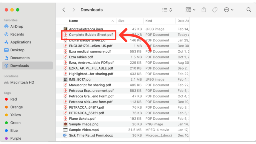 A computer screen displays a Downloads folder with various document files. An arrow highlights the file "Complete Bubble Sheet.pdf."